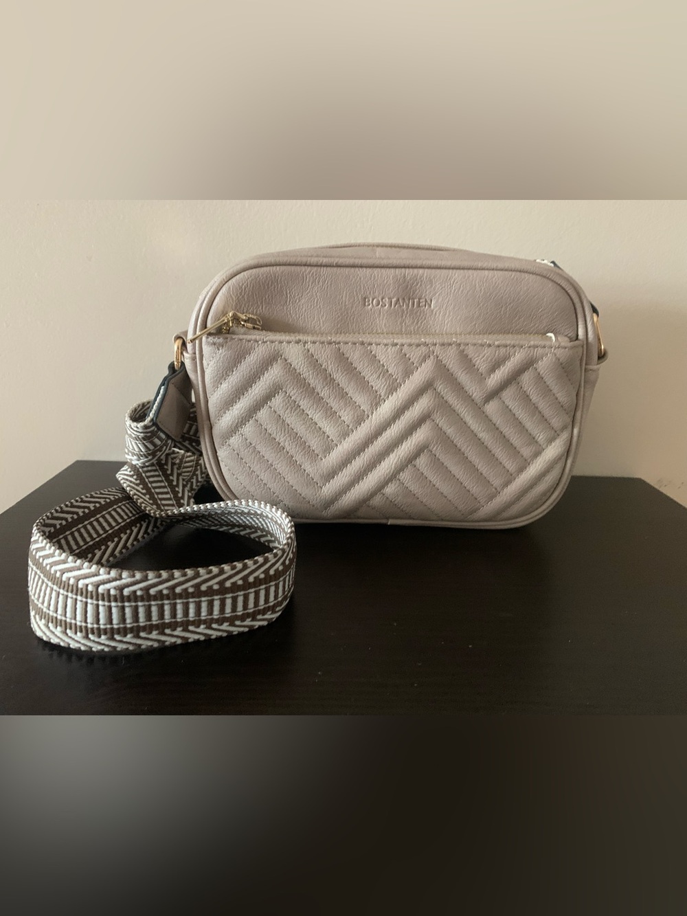 Bostanten Quilted Crossbody Bag in Light Beige with Patterned Strap